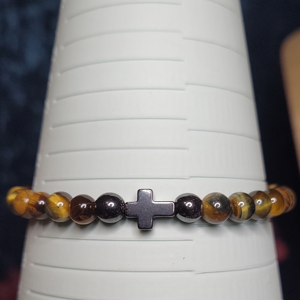 Tiger Eye Beaded Bracelet with Black Cross Accent
